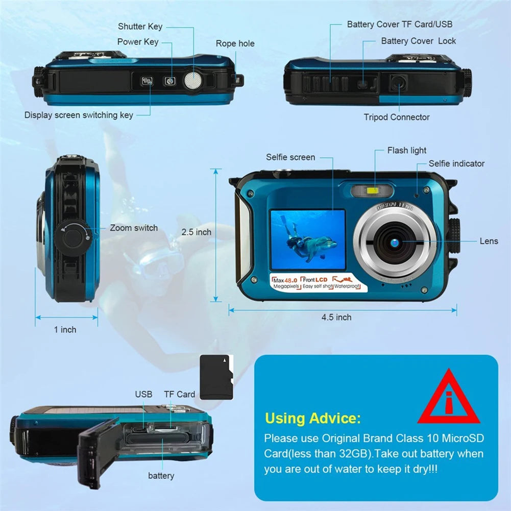 Waterproof Anti-Shake Digital Camera Dual Screen Underwater Camera