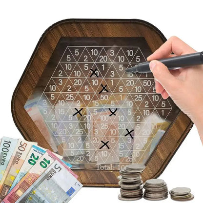 Wooden Piggy Bank Hexagonal Money Saving Box Ornament with Savings Goals