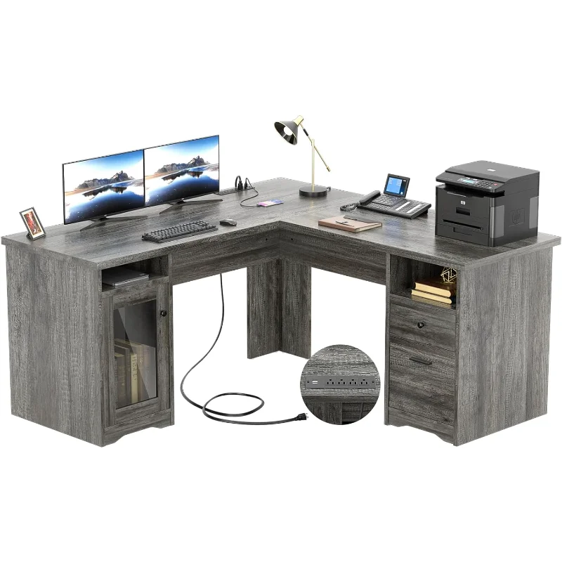 L Shaped Desk with Drawers, 60 Inch Corner Computer Desks