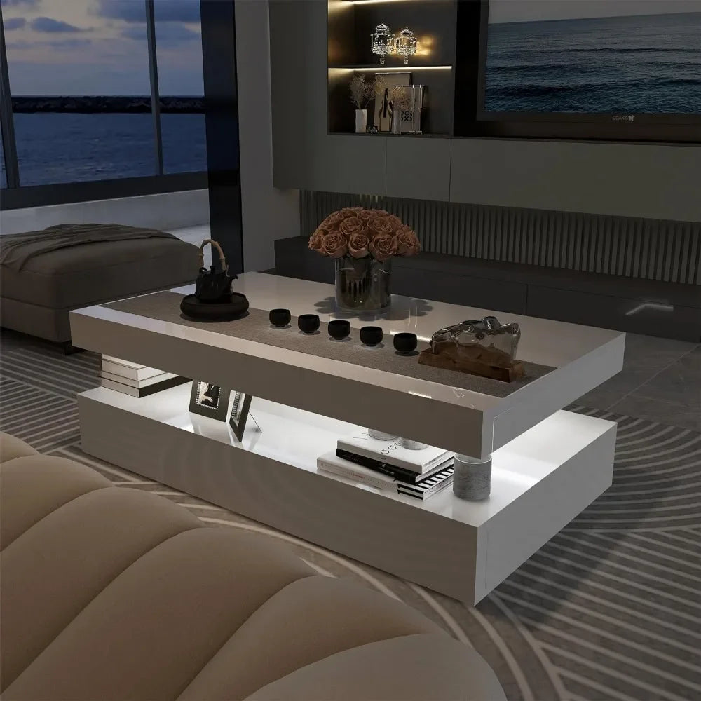 White Rectangular Coffee Table for Living Room With Remote Control